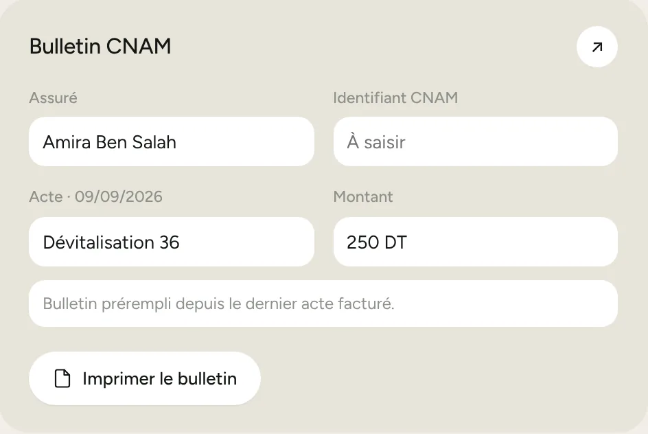 Bulletin CNAM prérempli depuis le dernier acte facturé