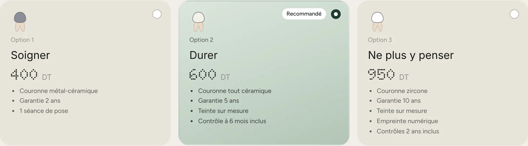 Devis présenté en trois options : soigner, durer, ne plus y penser