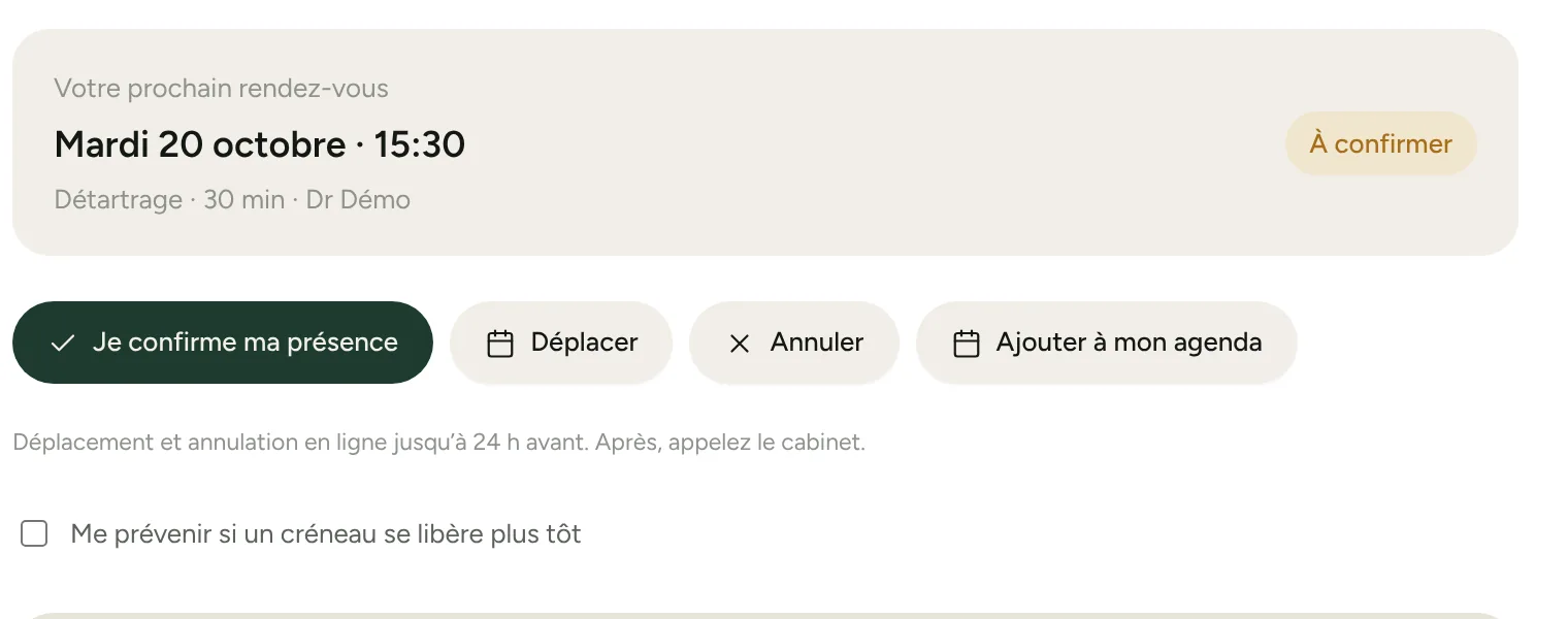 Page patient : prochain rendez-vous, confirmer, déplacer, annuler