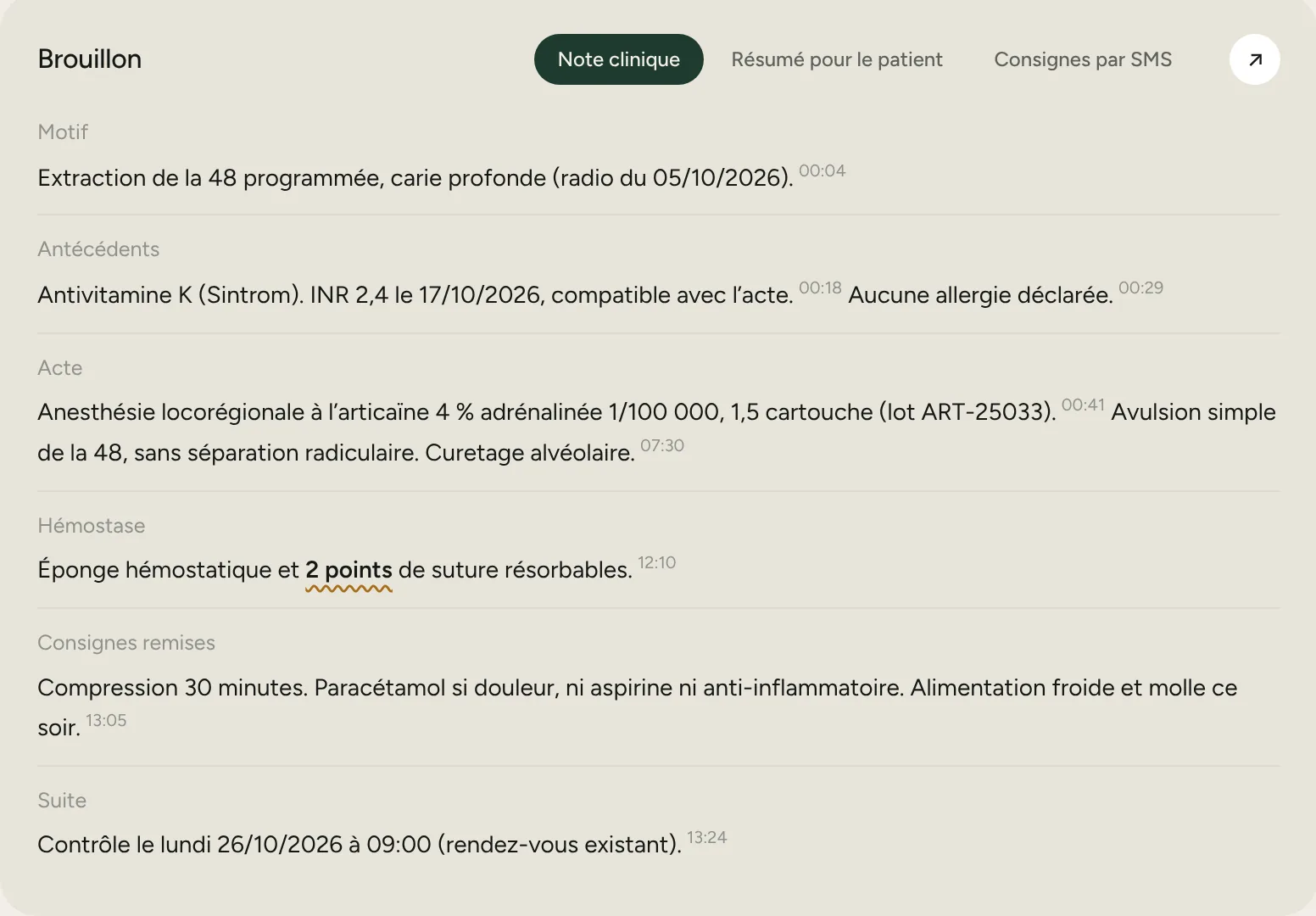 Brouillon de note clinique : motif, antécédents, acte, hémostase, consignes, chaque phrase horodatée