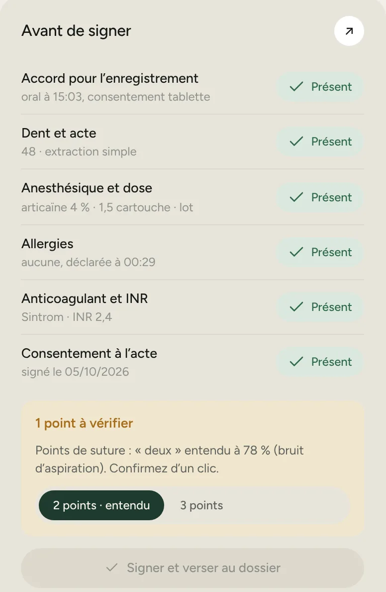 Liste de contrôle avant signature, avec un point à vérifier