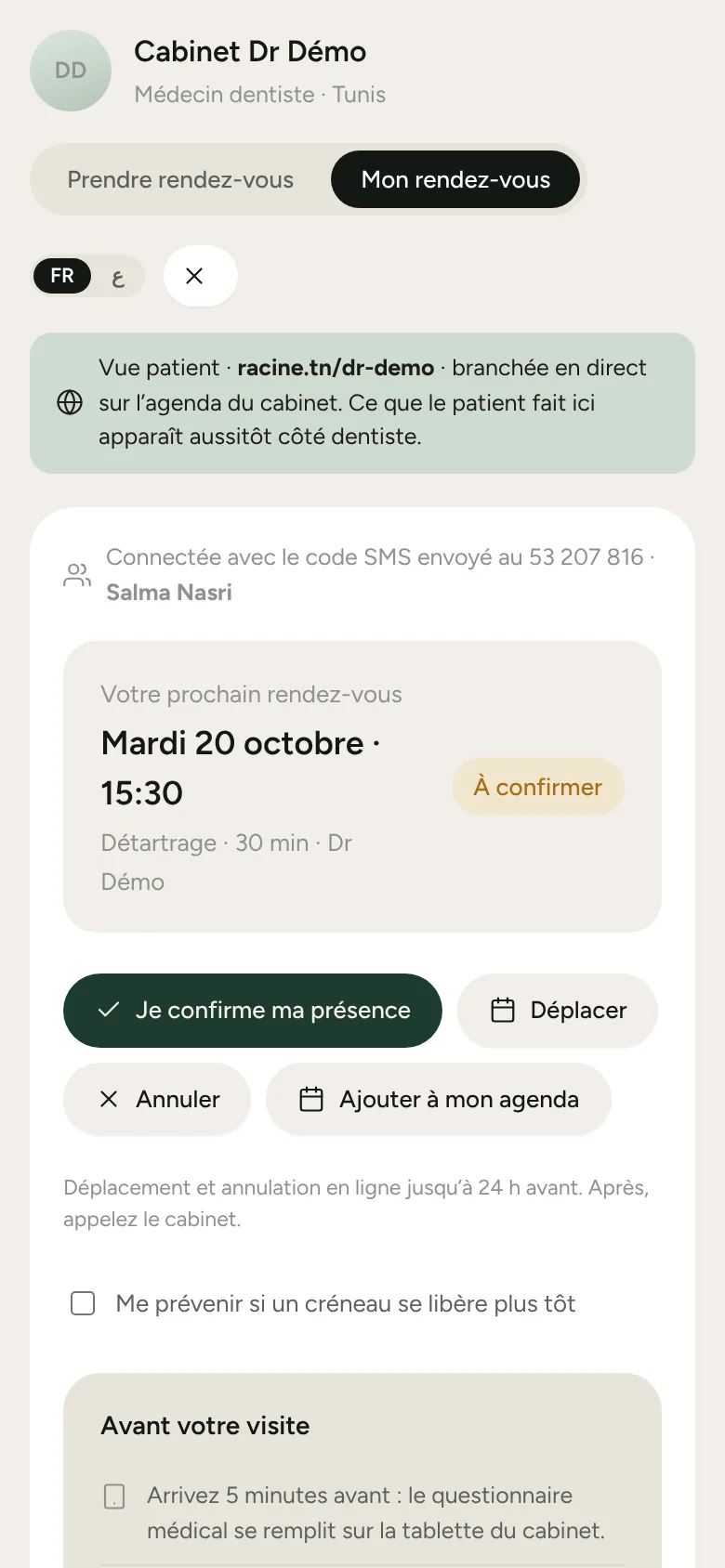 Page patient sur téléphone : prochain rendez-vous et bouton « Je confirme ma présence »