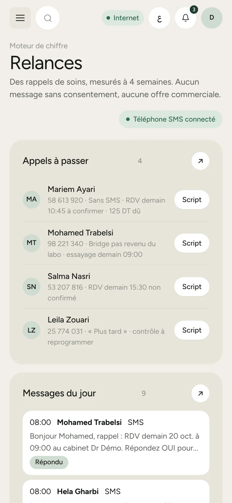 Les rappels partent seuls, les réponses sont lues.