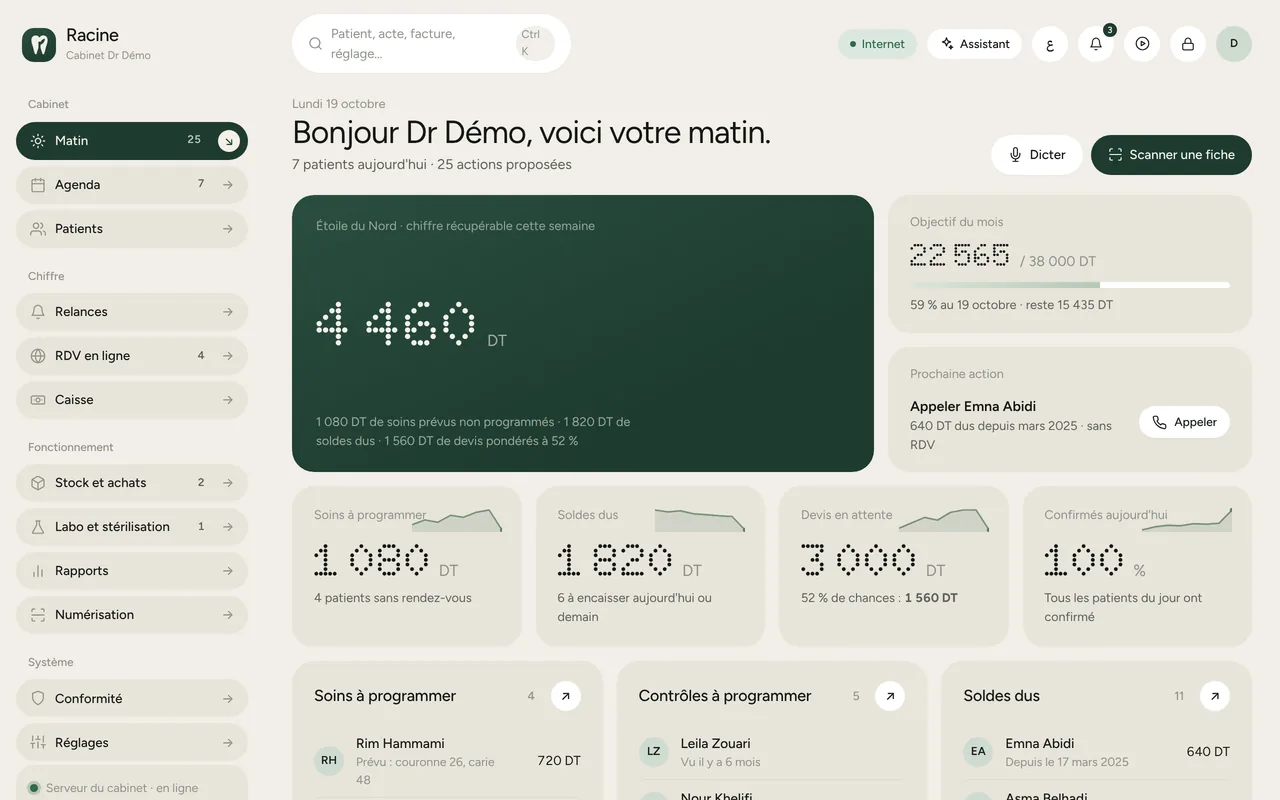 Écran Matin de Racine : 4 460 DT récupérables cette semaine, soins à programmer, soldes dus, devis en attente